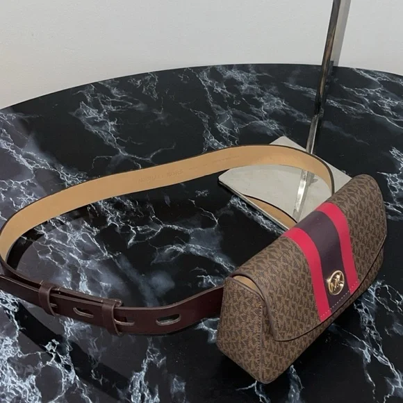 Michael Kors Brown Signature Leather Stripe Waist Fanny Belt Bag S/M - Picture 6 of 13